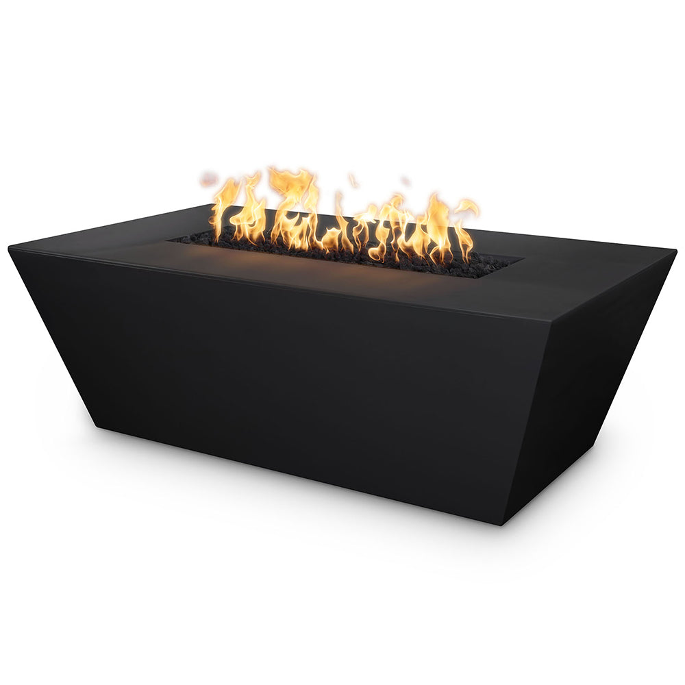 Linear concrete gas fire pit in black with flames, rectangular open top and low profile.