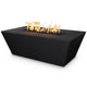 Linear concrete gas fire pit in black with flames, rectangular open top and low profile.