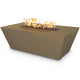 Linear concrete gas fire pit with flames, bronze-brown rectangular body and black burner