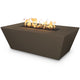 Linear concrete gas fire pit with flames, dark brown rectangular body and black burner