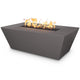 Linear concrete gas fire pit in charcoal gray with flames, rectangular open top and wide angle.