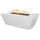 Linear concrete gas fire pit with flames, white rectangular body and black burner