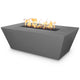 Linear concrete gas fire pit in dark gray with flames, rectangular open top and front view.