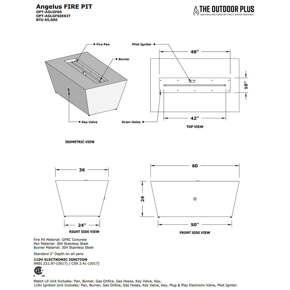Linear concrete gas fire pit diagram with dimensions, burner parts, and installation notes.