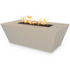 Linear concrete gas fire pit with flames, light beige rectangular body and black burner