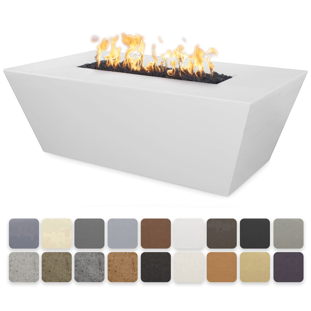 Linear concrete gas fire pit in light gray with flames, rectangular open top.