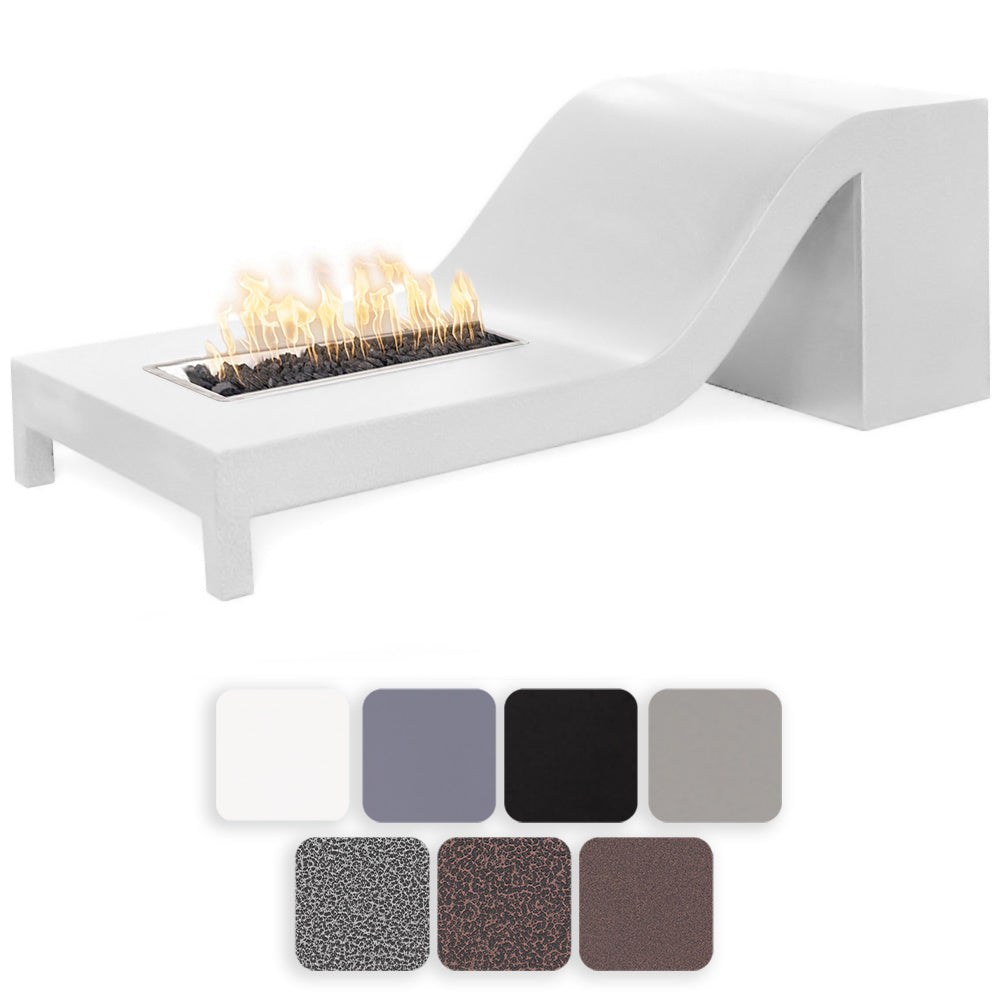 White linear gas fire pit with open burner, burning flames, powder-coated steel