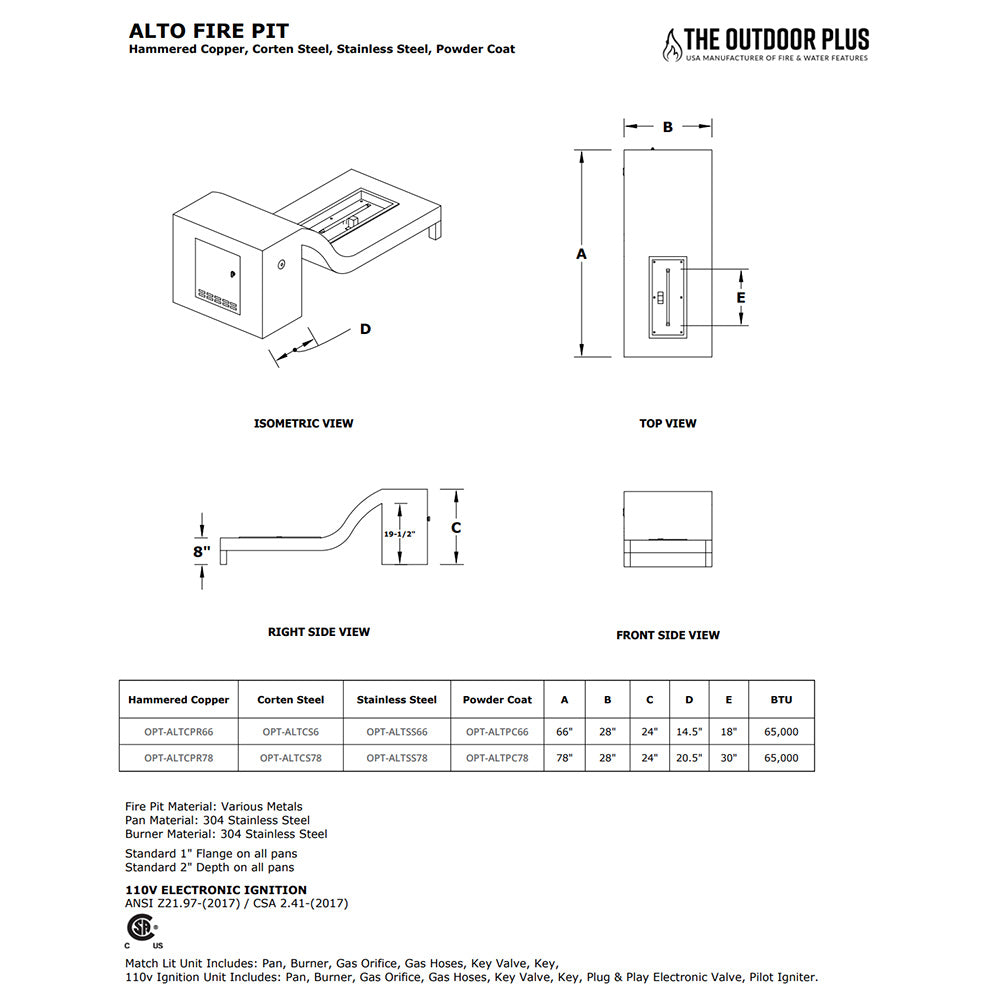 Top and isometric dimensions diagram for linear gas fire pit, powder coat