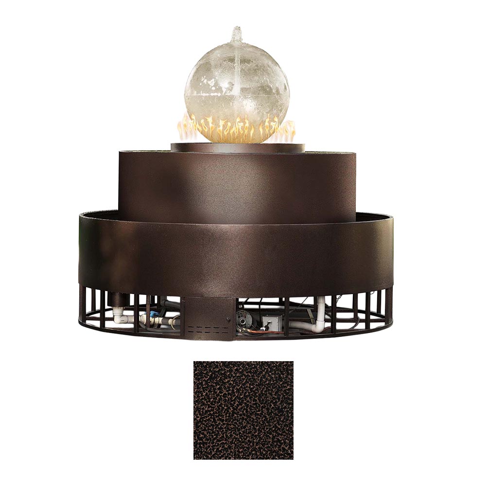 Round gas and water bowl fire pit in dark finish with color swatch showing textured black