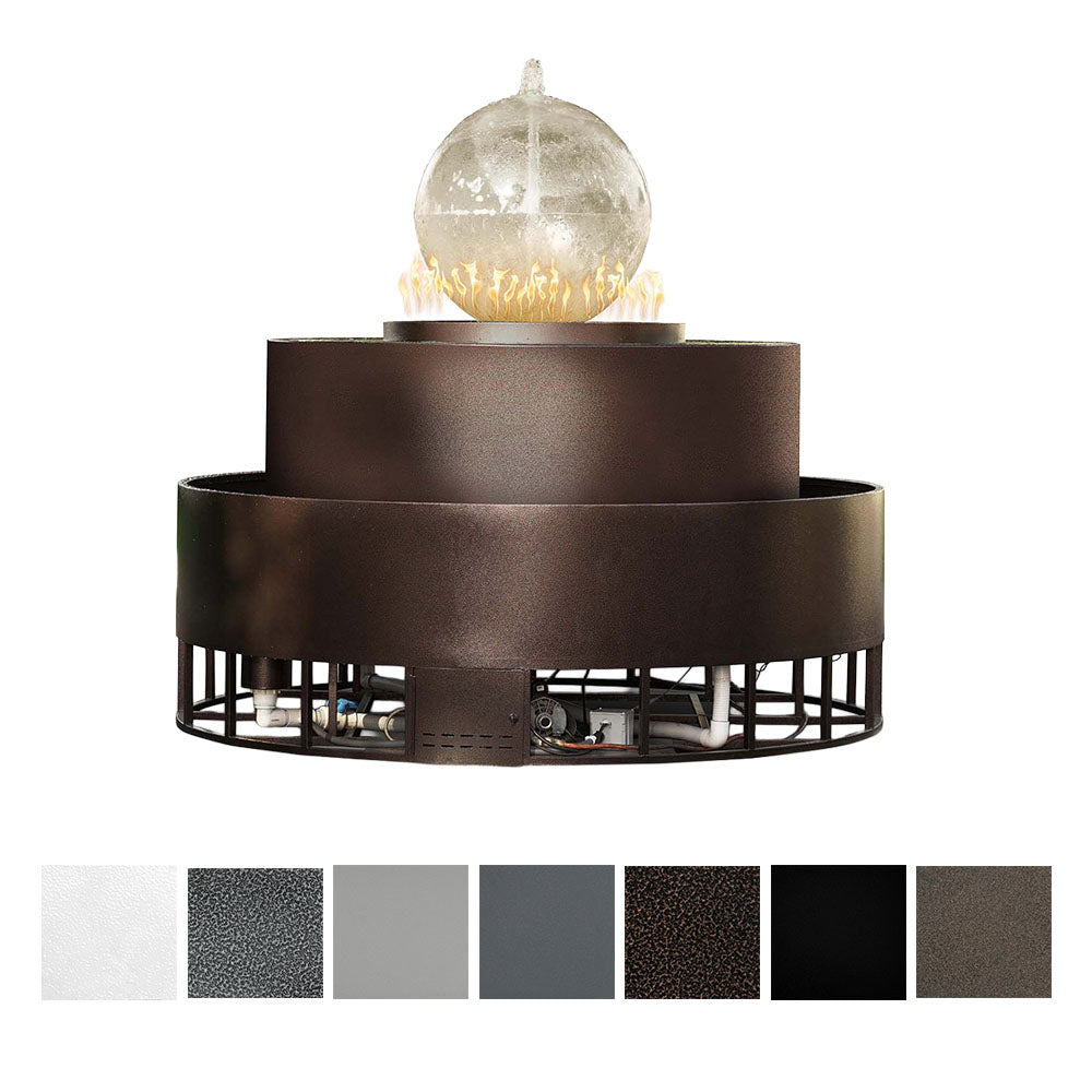 Round powder-coated steel gas and water bowl fire pit with glass globe and dark base