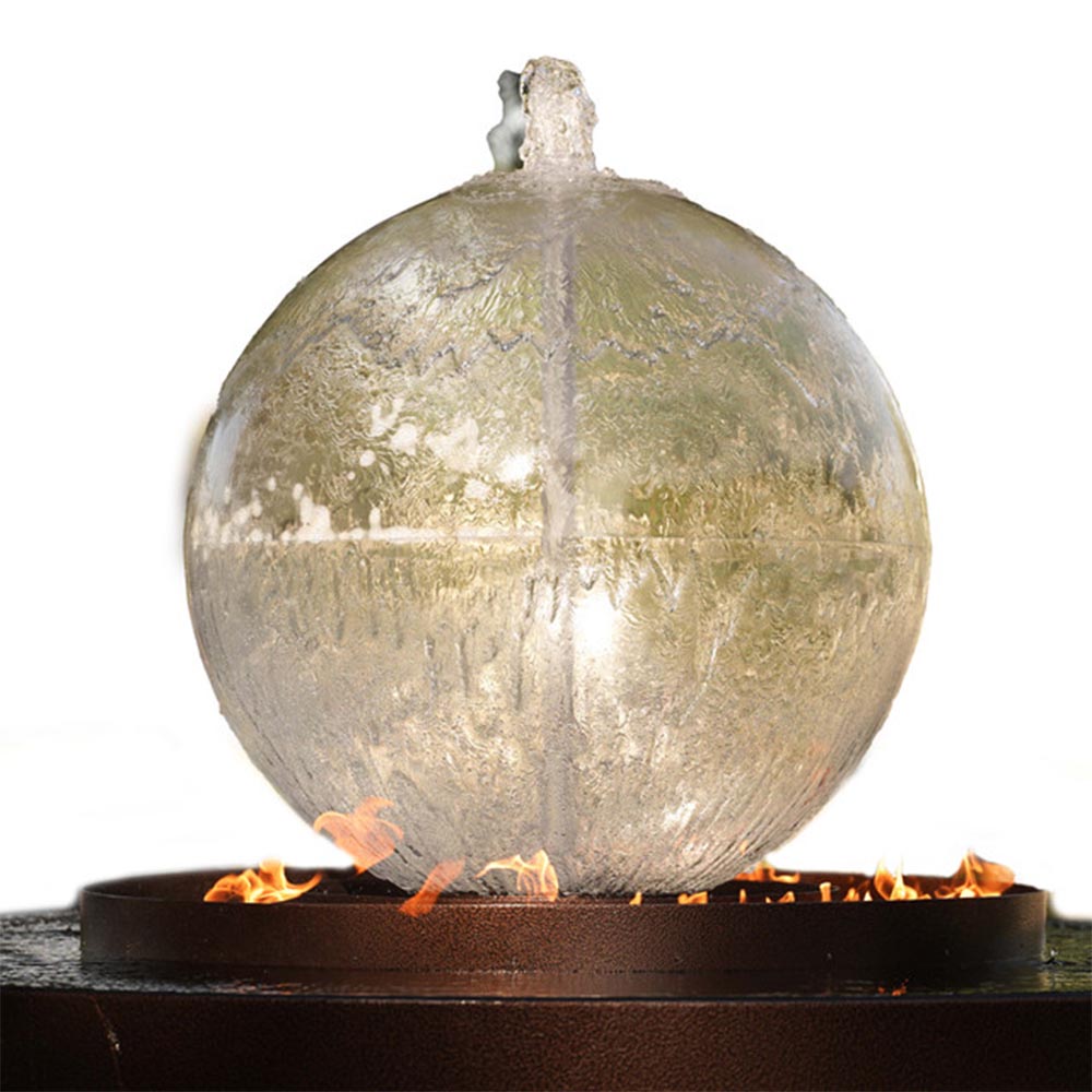 Clear glass globe over flames on a dark round gas and water bowl fire pit