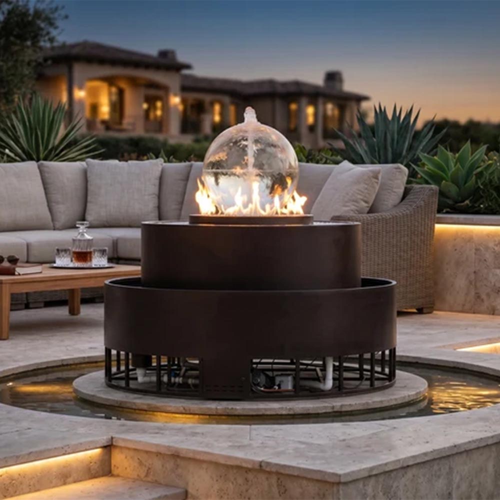 Round gas and water bowl fire pit with glass globe and dark powder-coated steel base
