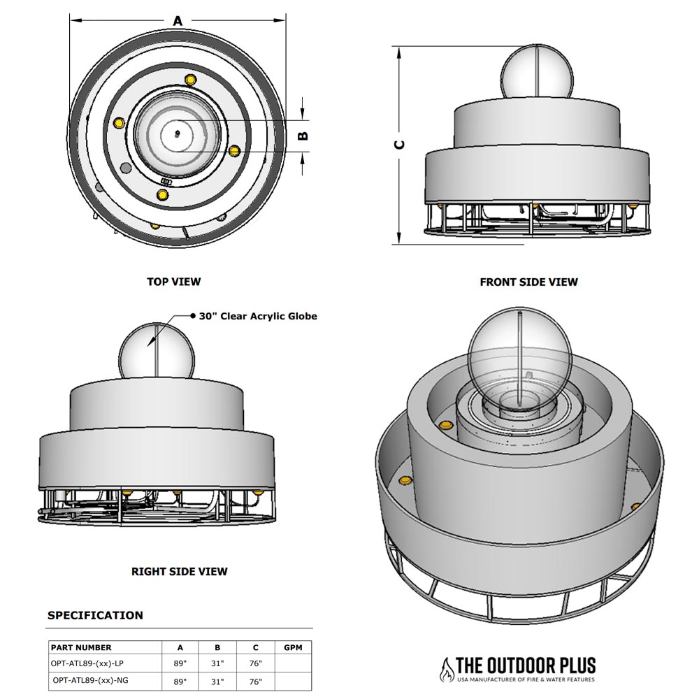 Technical diagram of round gas and water bowl fire pit with acrylic glass globe