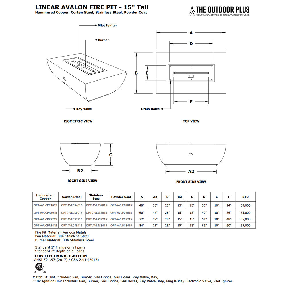 Linear Avalon fire pit diagram showing burner, key valve, drain holes, and dimensions