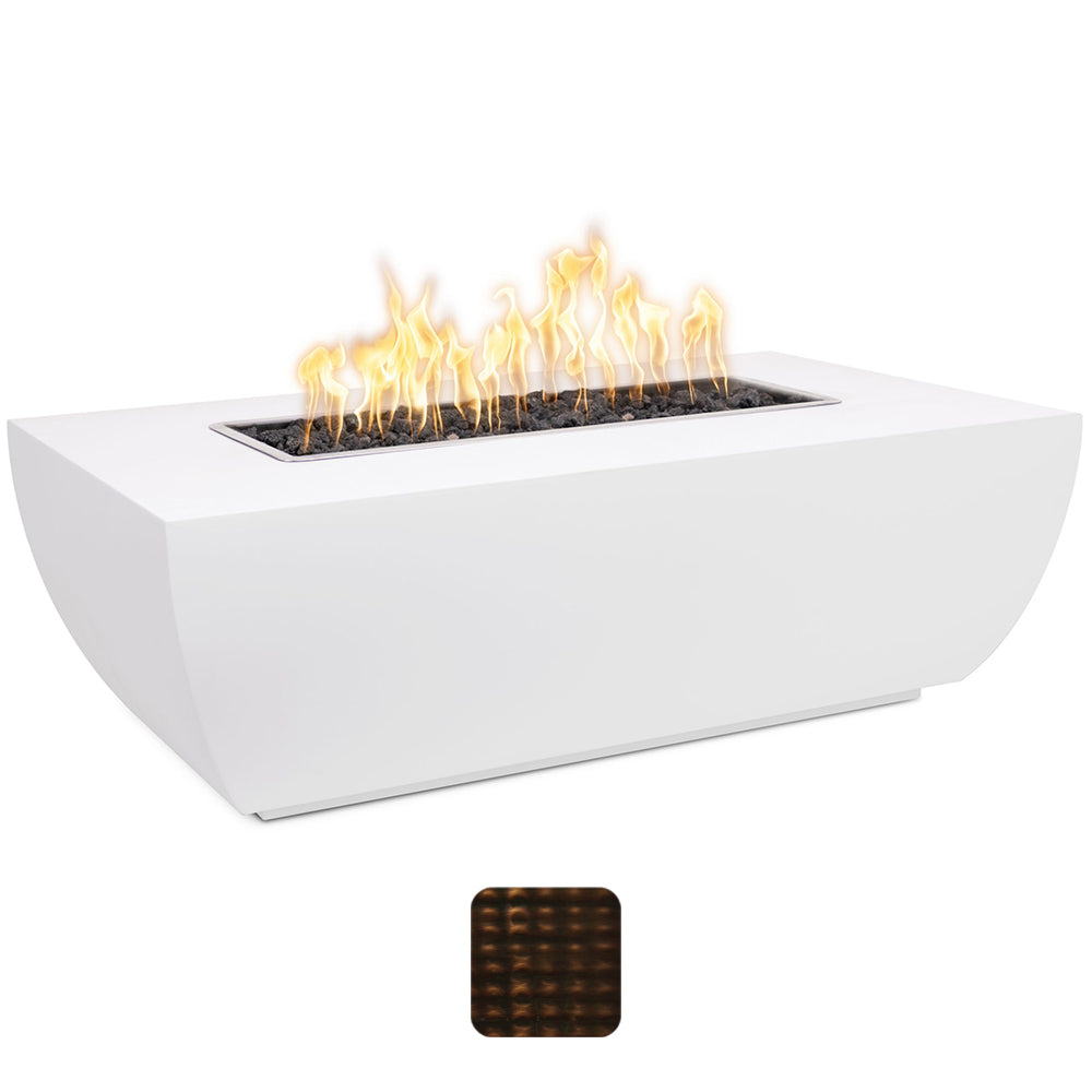 Linear gas fire pit with flames in rectangular burner, tall white firebox