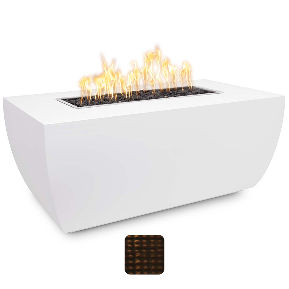 Linear gas fire pit with rectangular burner pan and visible flames, white exterior