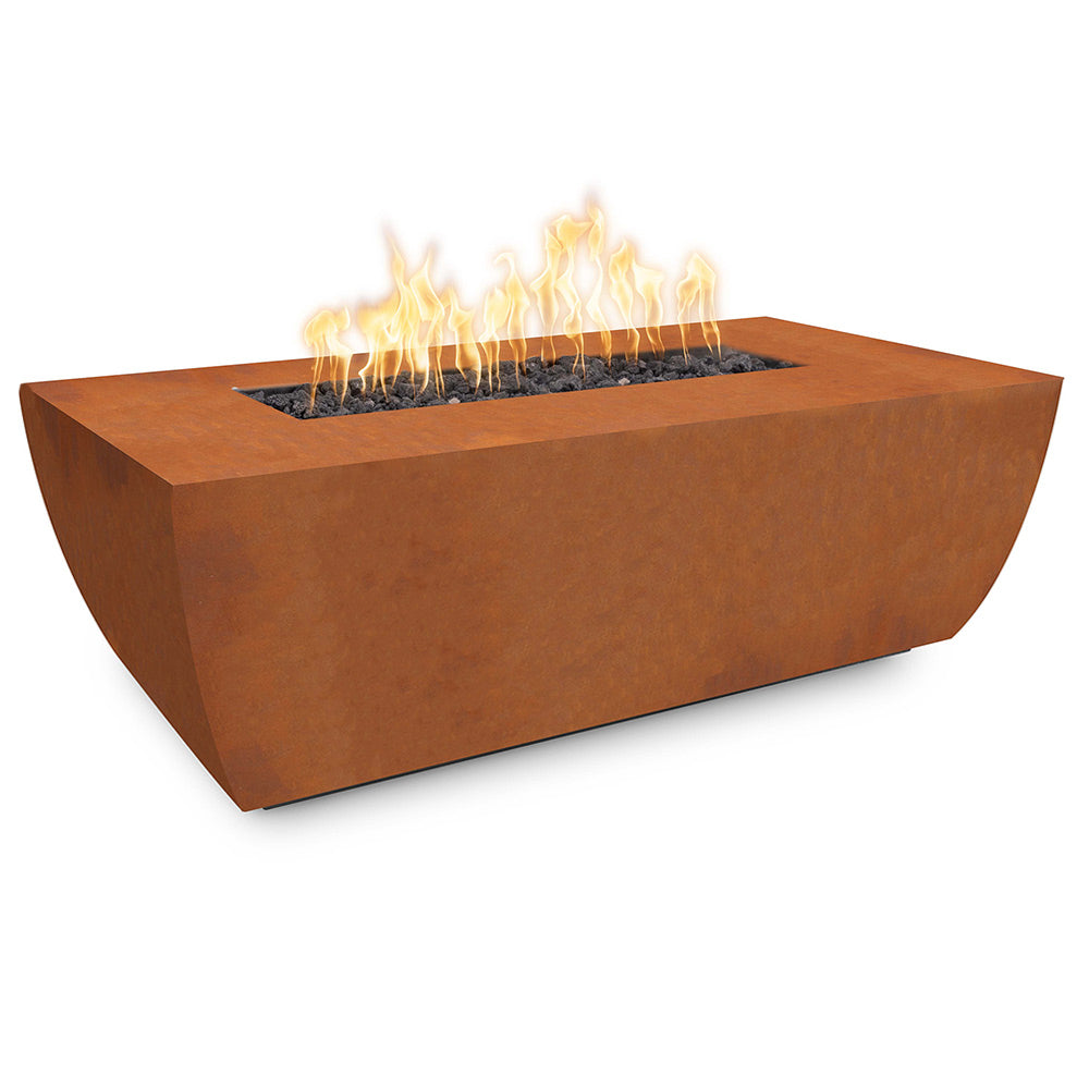 Rectangular corten steel gas fire pit with open burner and visible flames