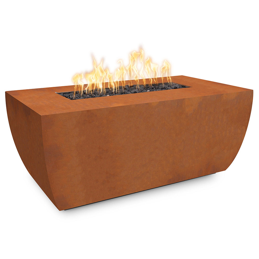 Corten steel rectangular gas fire pit with flames