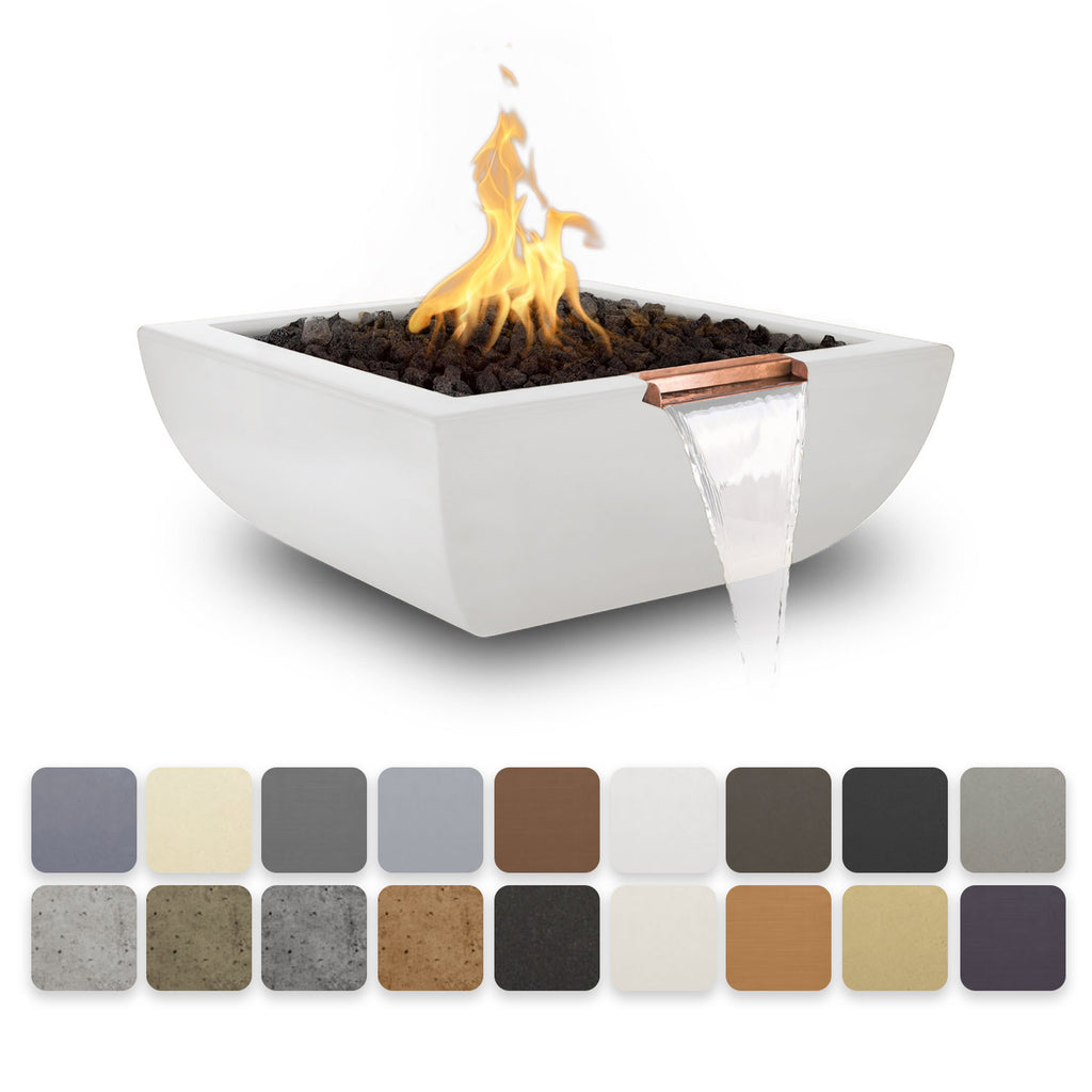 Square concrete fire and water bowl with flames and water stream, white