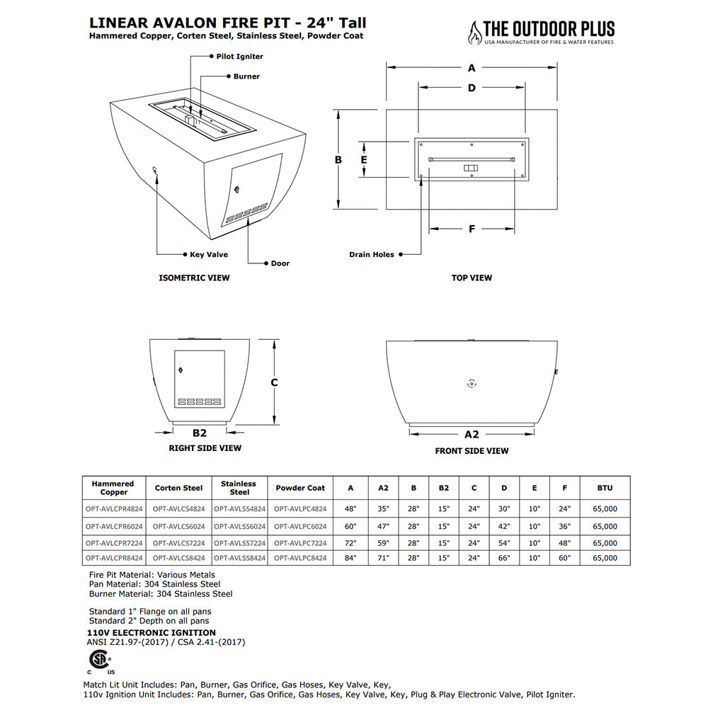 Linear gas fire pit parts diagram with labeled dimensions