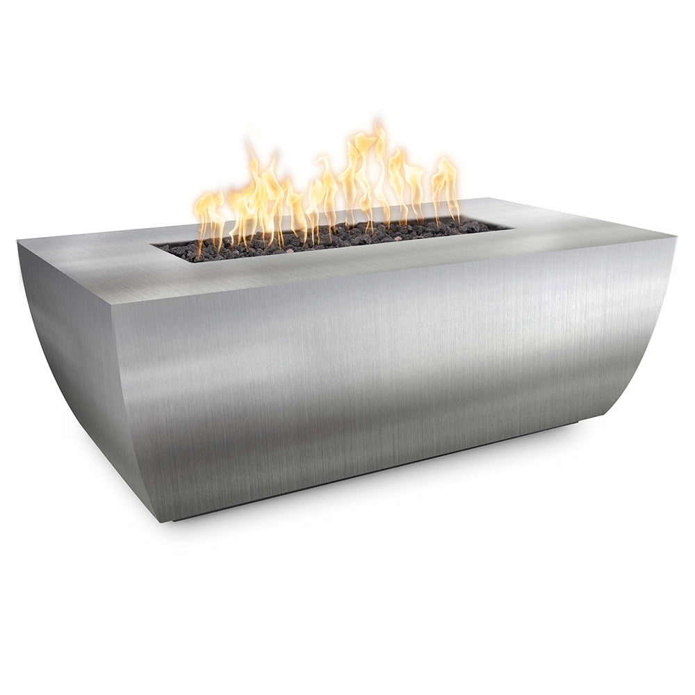 Stainless steel linear gas fire pit with visible flames