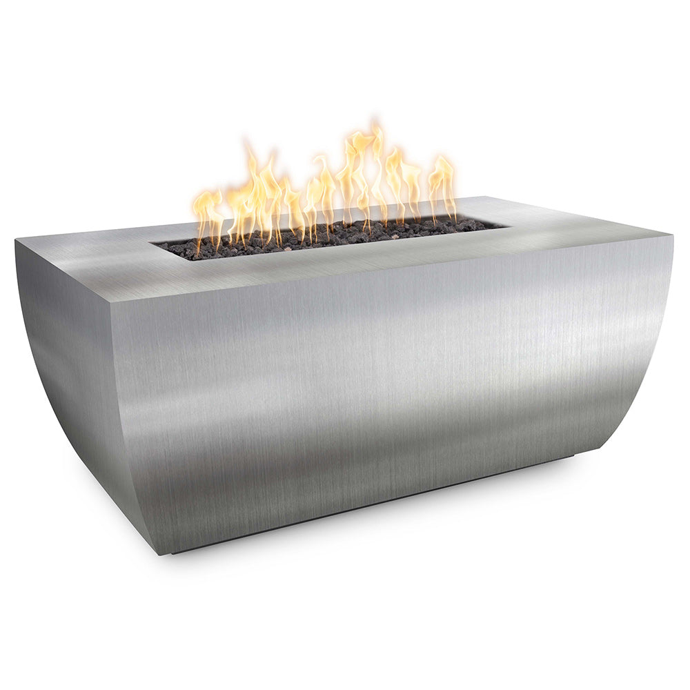 Stainless steel linear gas fire pit with raised burner bed and visible flames