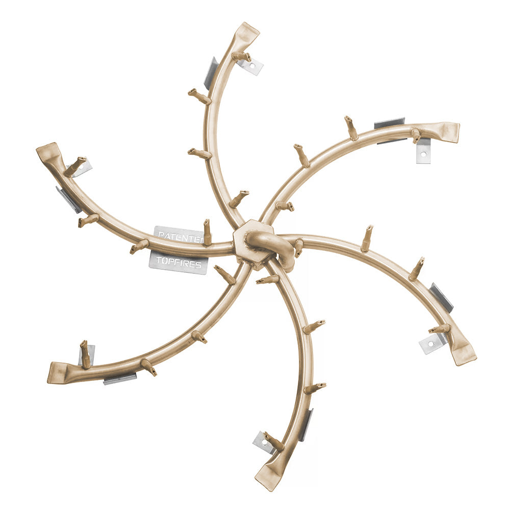 Brass gas fire pit burner manifold with multiple curved ports and mounting clips