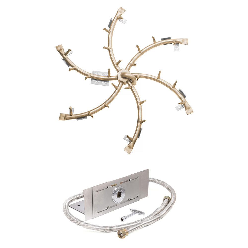 Brass bullet gas fire pit burner manifold with curved burner arms and ports