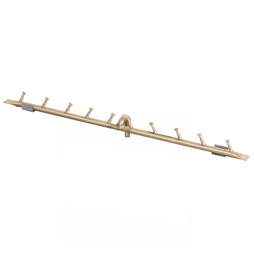Brass linear gas fire pit burner with multiple bullet-style ports along a straight bar