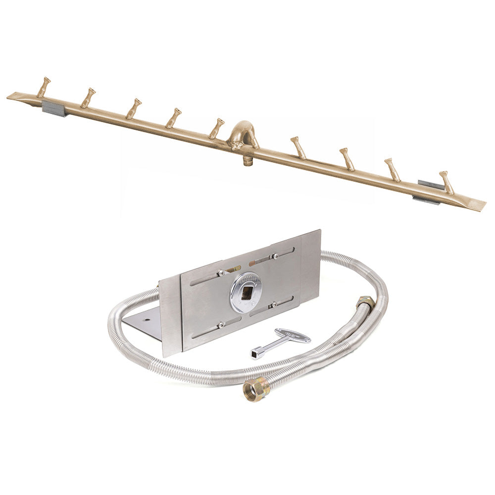 Brass linear bullet match burner kit with gas hose, mounting bracket, and burner pan