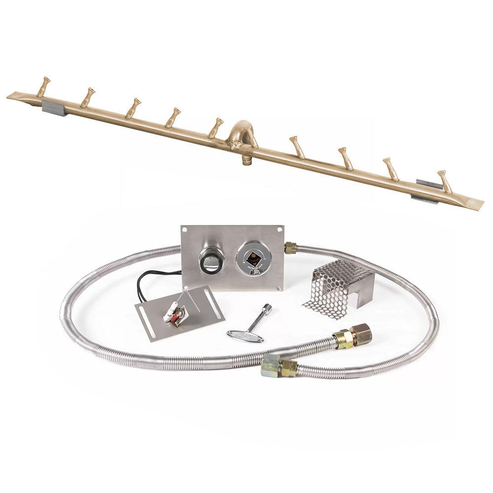 Gas fire pit burner kit parts: long brass bar, manifold, and connected gas hoses