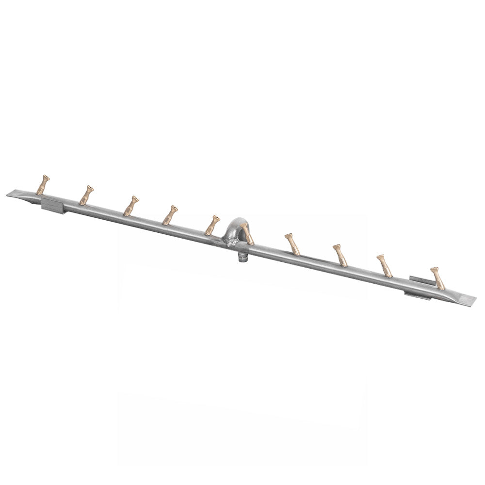 Linear gas fire pit burner bar with brass orifice nozzles, stainless steel body