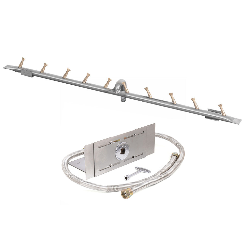 Stainless steel linear gas burner bar with brass ports and hose/valve connector