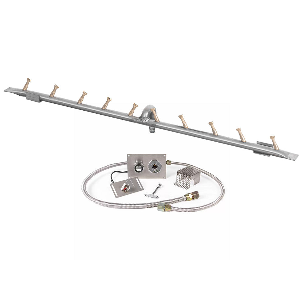 Linear stainless steel burner kit with gas hose, brass orifices, and control valve box