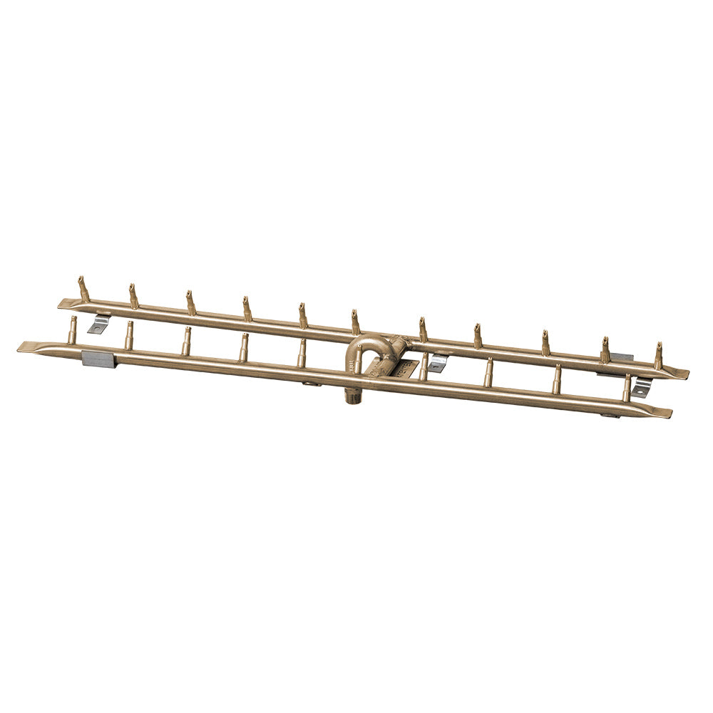 Brass rectangular H-shaped gas fire pit burner with row of bullet ports