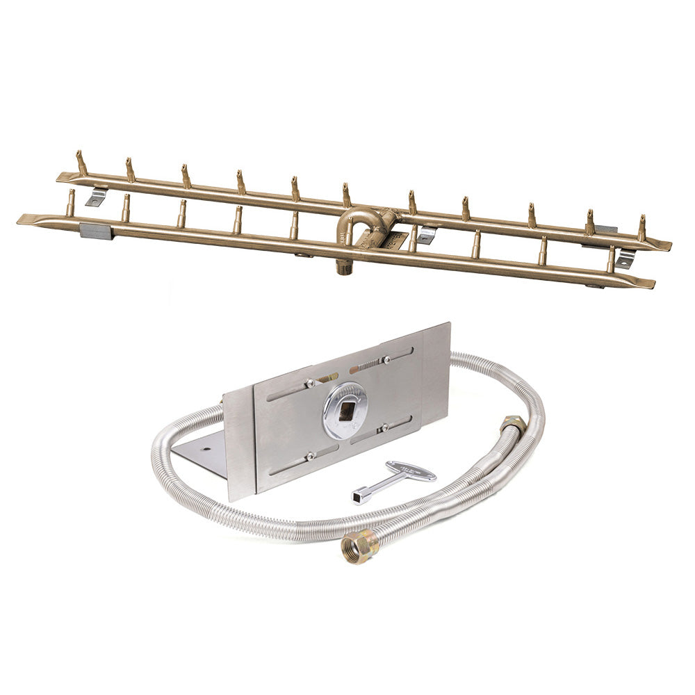 Brass linear burner bar kit with hose, regulator plate, and multiple burner ports
