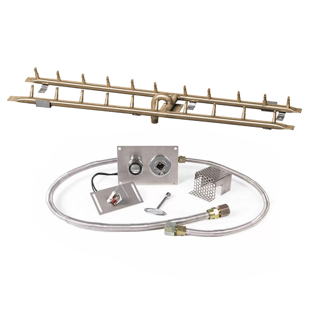 Brass linear gas fire pit burner kit with hoses, control valves, and brass connectors