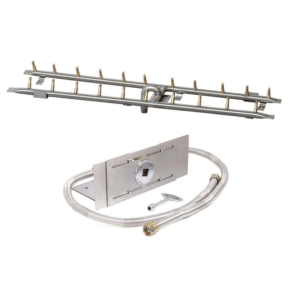 Linear stainless steel gas burner kit with flexible hose and mounting regulator plate