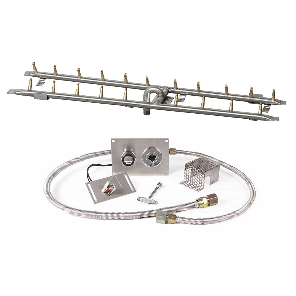 Stainless steel linear burner kit with flexible gas hoses and spark ignition module