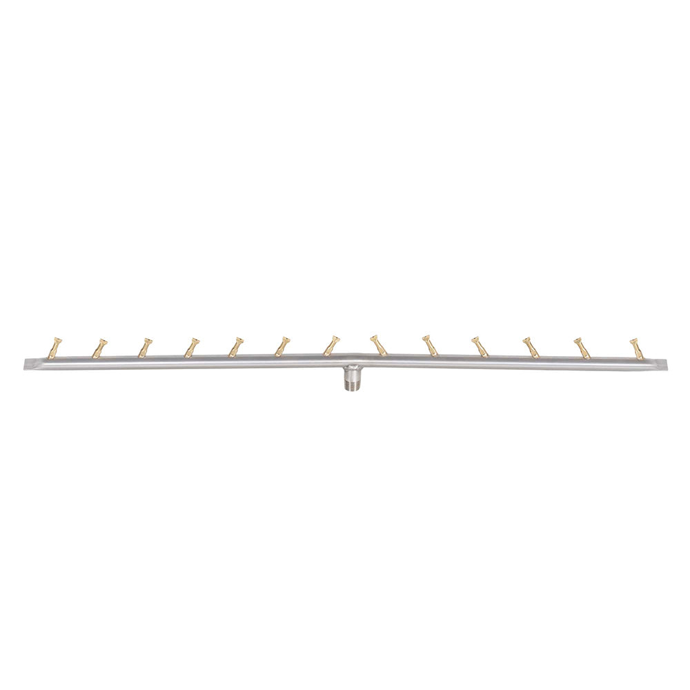 Stainless steel linear gas burner bar with brass gas ports along the edge