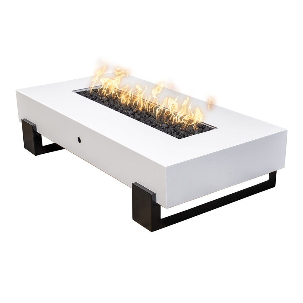 Powder-coated steel gas fire pit, white box with black legs and lit flames