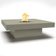 Square concrete gas fire pit table with flame, limestone beige top and base