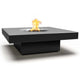 Square concrete gas fire pit table with flame, dark charcoal top and base