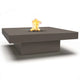 Square concrete gas fire pit with flames, dark gray tabletop and base