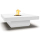 Square concrete gas fire pit table with flame, white top and lower cabinet
