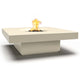 Square concrete gas fire pit with flames, off-white tabletop and base