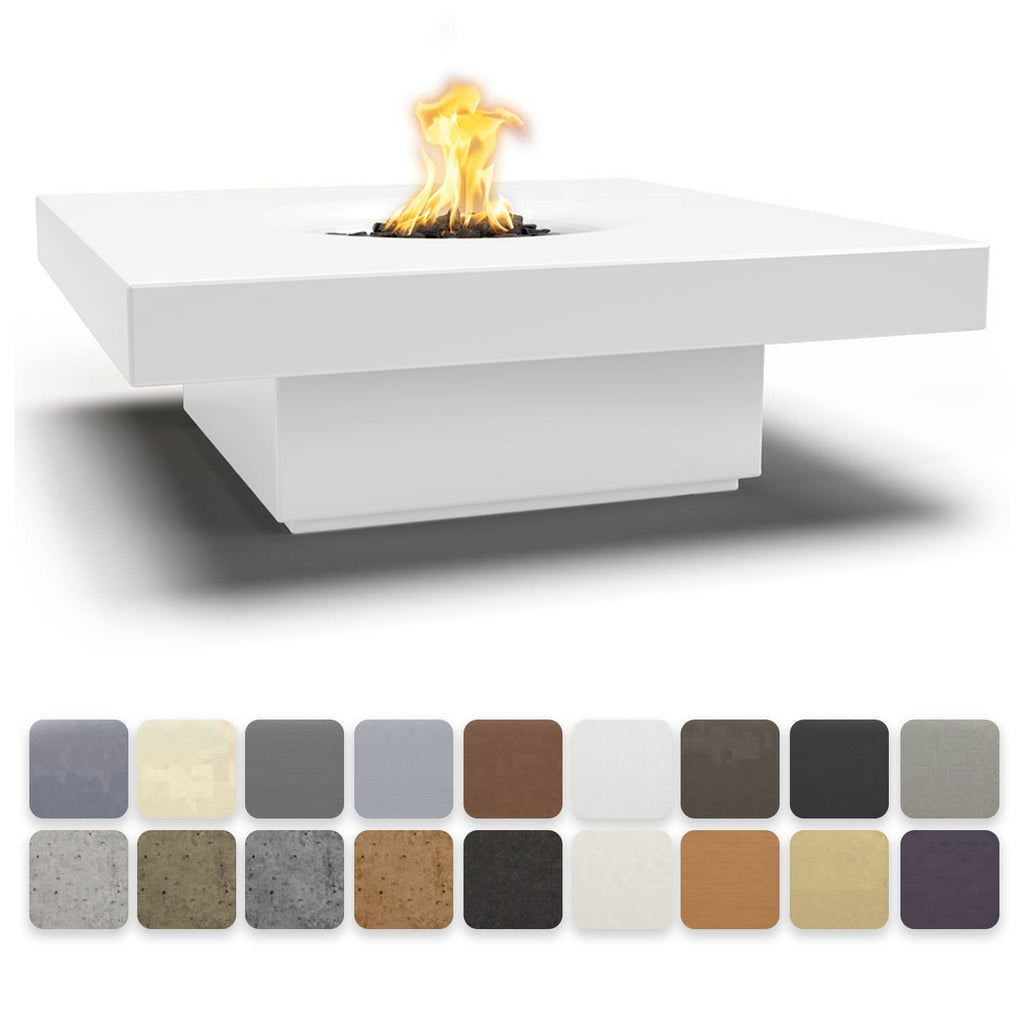 Square concrete gas fire pit table with flame, white top and base