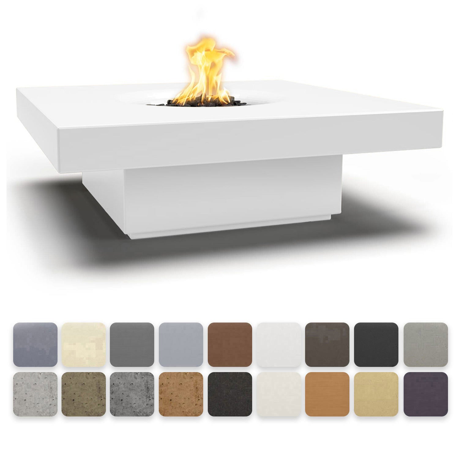Square concrete gas fire pit table with flame, white top and base