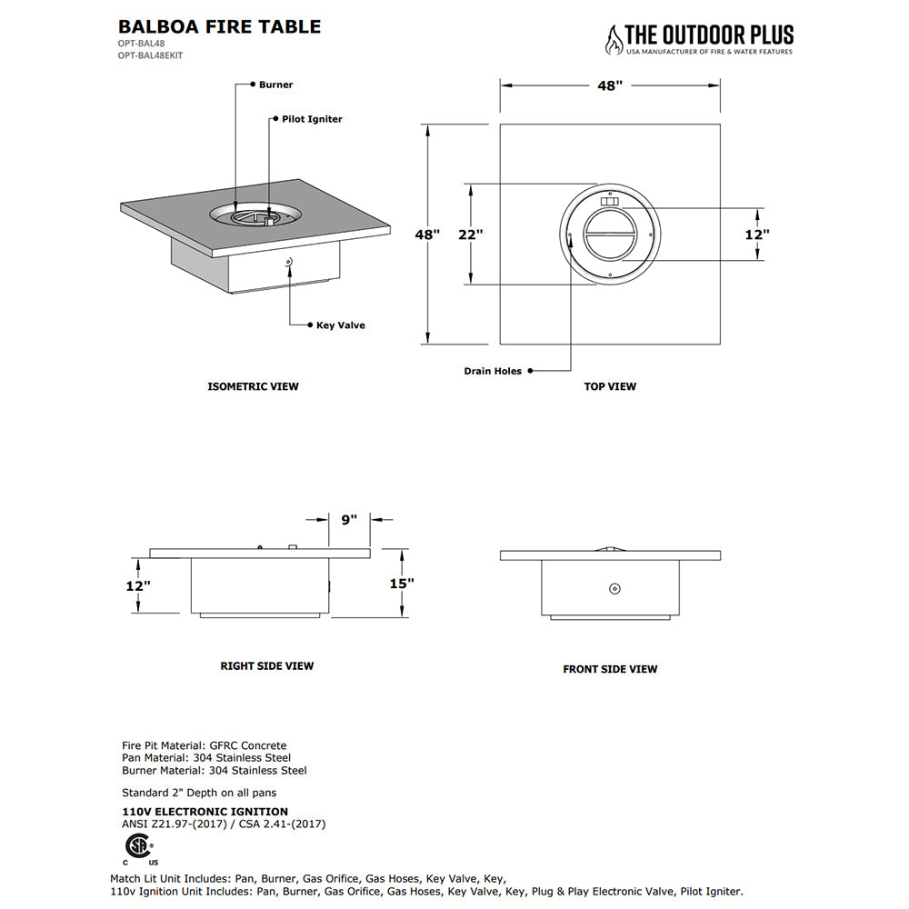 Square gas fire pit table diagram showing burner, key valve, and dimensions