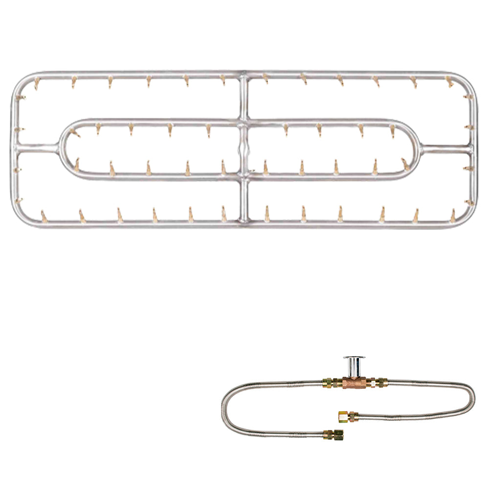 Stainless steel double-rectangle gas burner with attached gas hoses